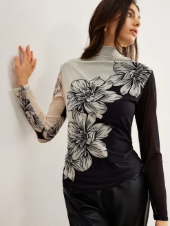 Color Block Floral Mesh Top T-shirts|Tops