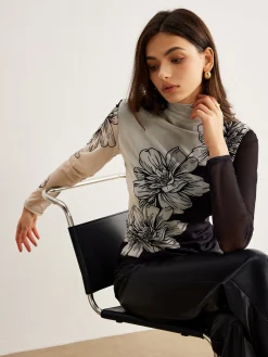 Discount Color Block Floral Mesh Top T-shirts|Tops