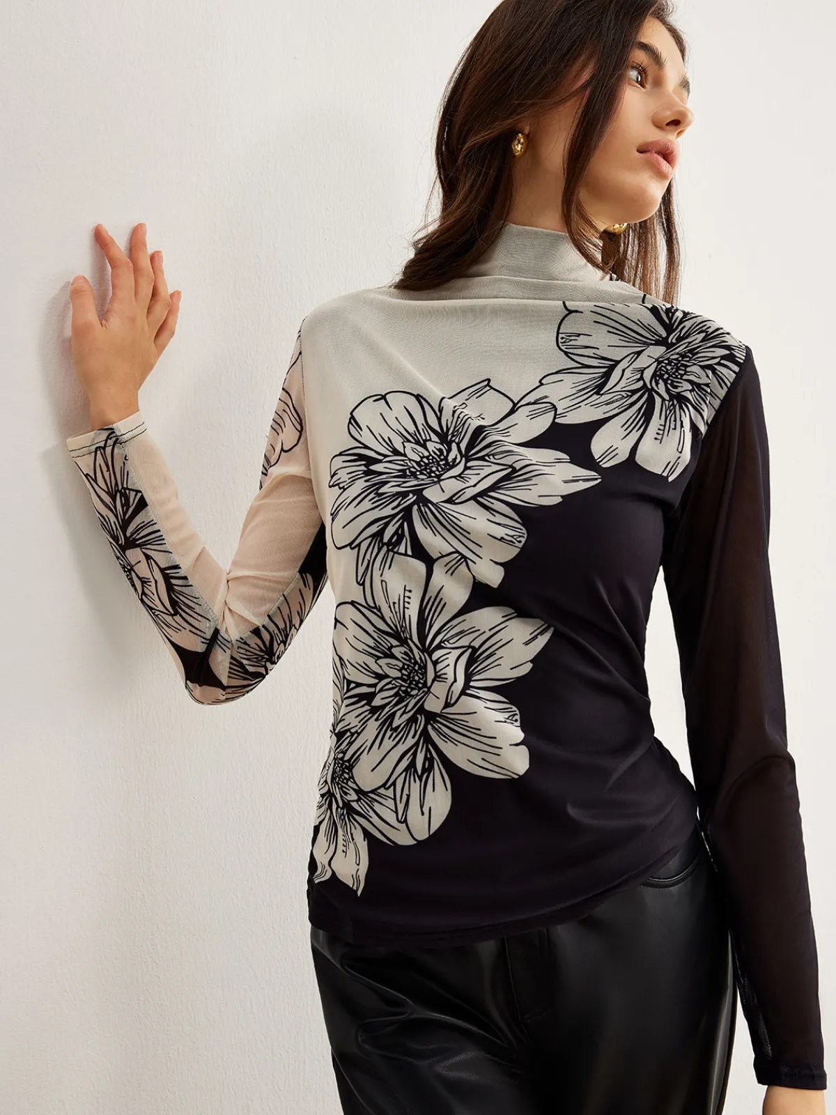 Discount Color Block Floral Mesh Top T-shirts|Tops