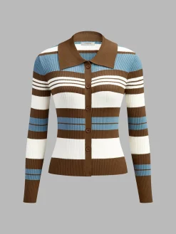 New Color Block Lapel Slim Cardigan Cardigans|Sweaters & Cardigans