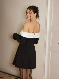 Color Block Off-Shoulder Bell Sleeve Dress Black Dresses|Casual Dresses