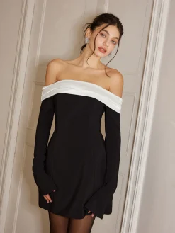 Clearance Color Block Off-Shoulder Bell Sleeve Dress Casual Dresses|Work Dresses