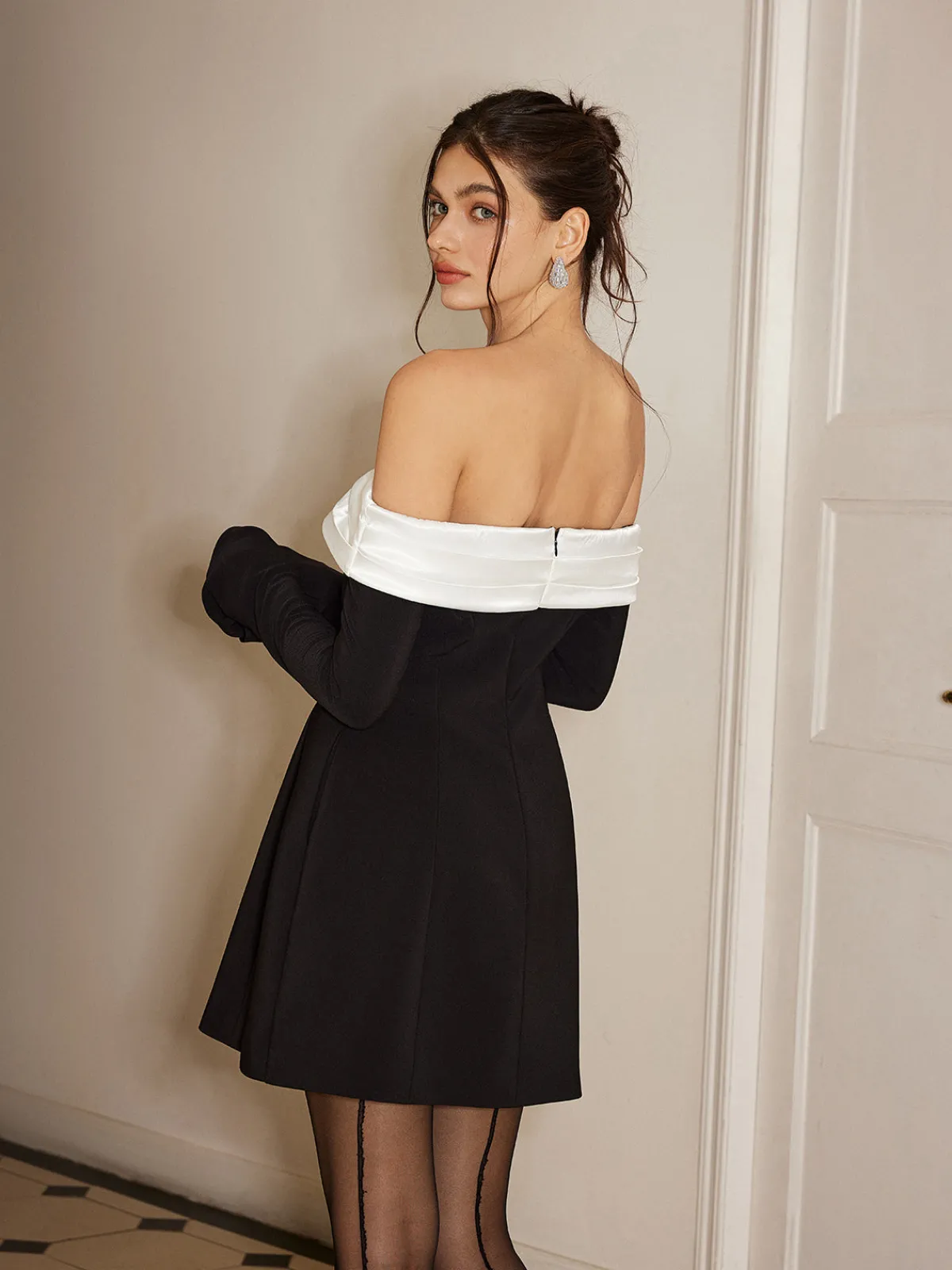 Clearance Color Block Off-Shoulder Bell Sleeve Dress Casual Dresses|Work Dresses