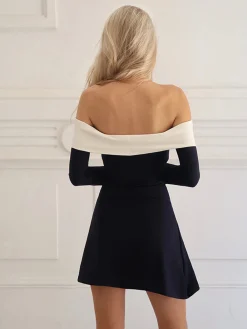 Color Block Off-Shoulder Long Sleeve Short Dress White Dresses|Casual Dresses
