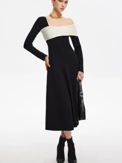Sale Color Block One-Shoulder Sweater Dress Black Dresses|Sweater Dresses