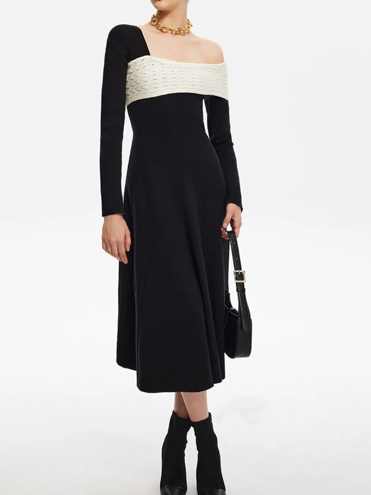 Sale Color Block One-Shoulder Sweater Dress Black Dresses|Sweater Dresses
