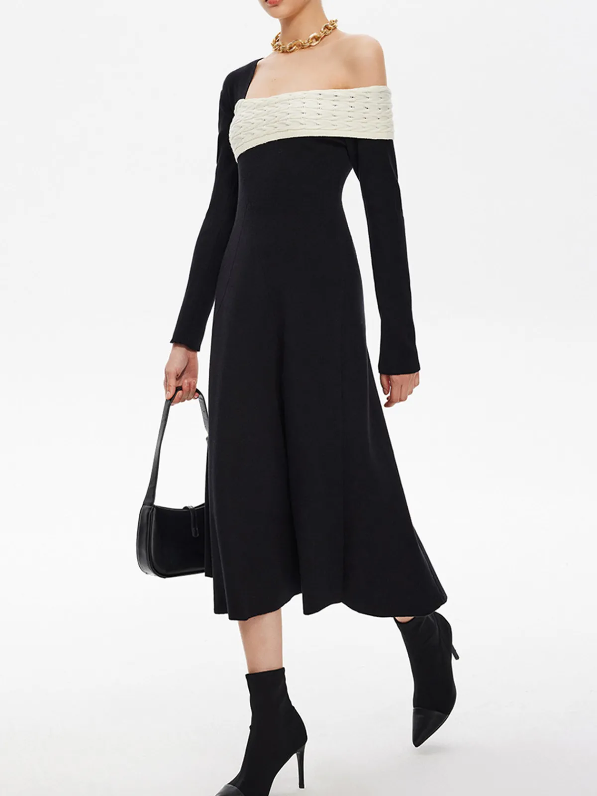 Sale Color Block One-Shoulder Sweater Dress Black Dresses|Sweater Dresses