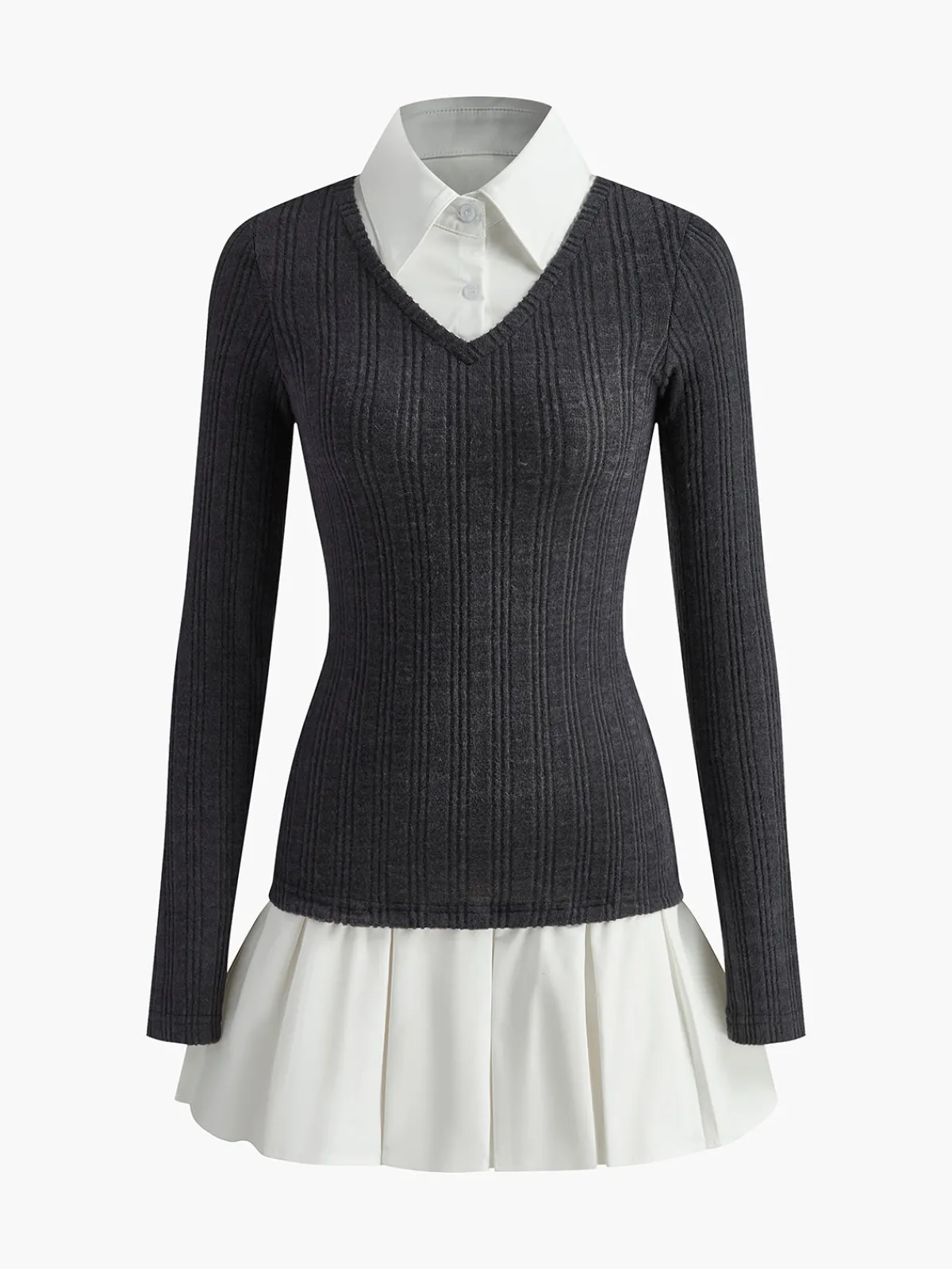 Online Color Block Panel Lapel Knit Dress Sweater Dresses|Casual Dresses