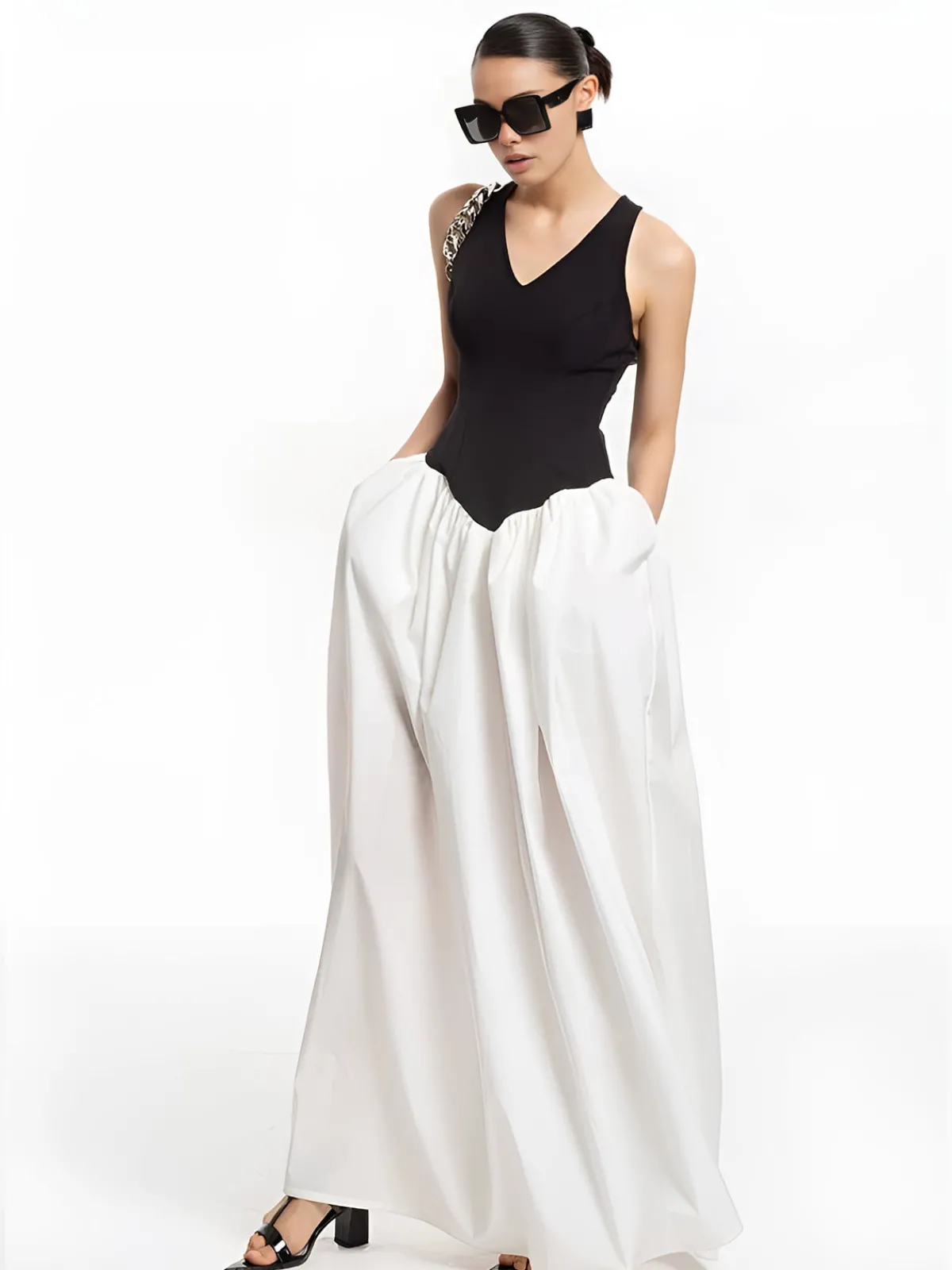 Online Color Block Panel Pockets Dress White Dresses|Casual Dresses
