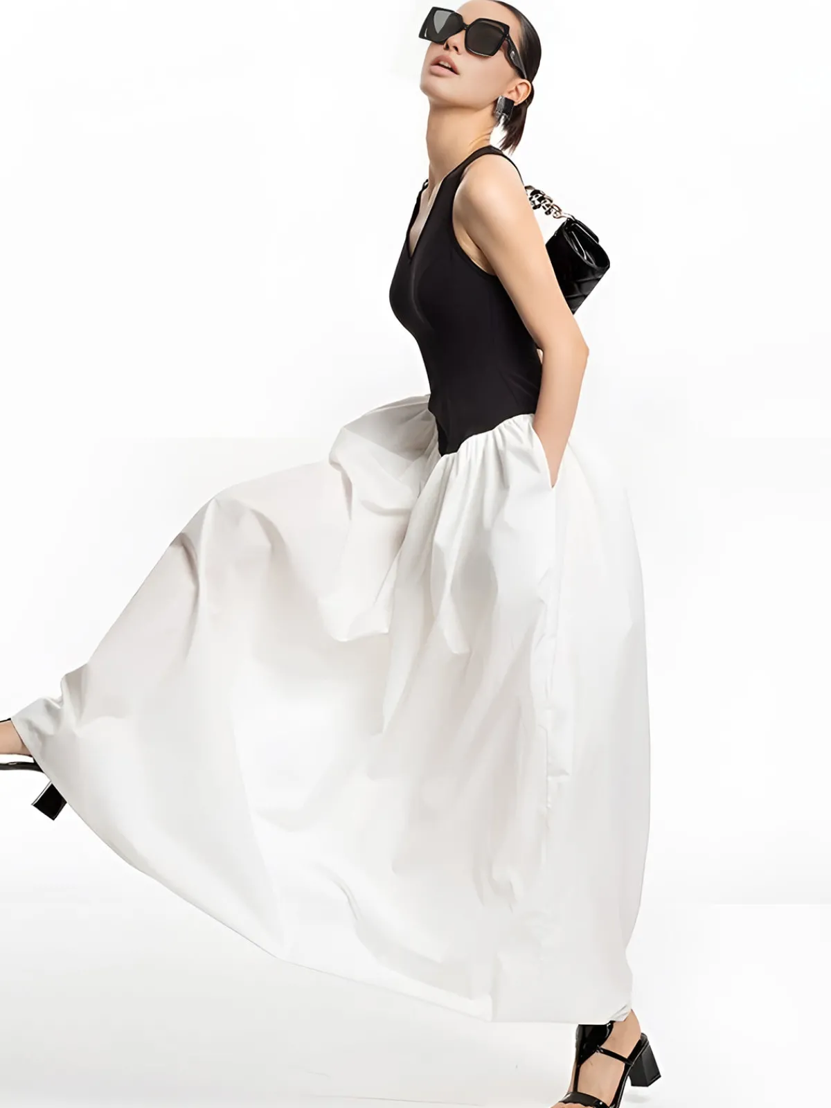 Online Color Block Panel Pockets Dress White Dresses|Casual Dresses