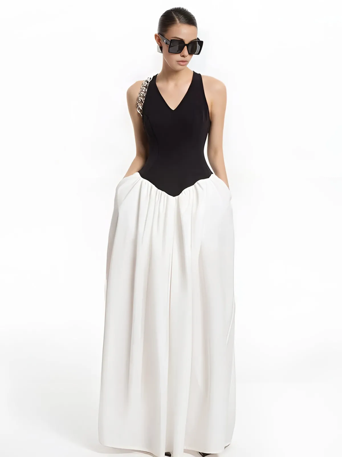 Online Color Block Panel Pockets Dress White Dresses|Casual Dresses