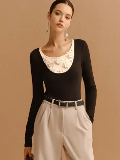 Color Block Pearl Floral Jersey Top T-shirts|Tops