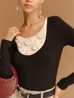 Color Block Pearl Floral Jersey Top T-shirts|Tops