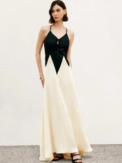Clearance Color Block Pleated Cutout Cami Long Dress Cocktail & Party Dresses|Summer Dresses
