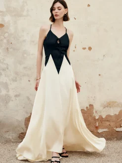 Clearance Color Block Pleated Cutout Cami Long Dress Cocktail & Party Dresses|Summer Dresses