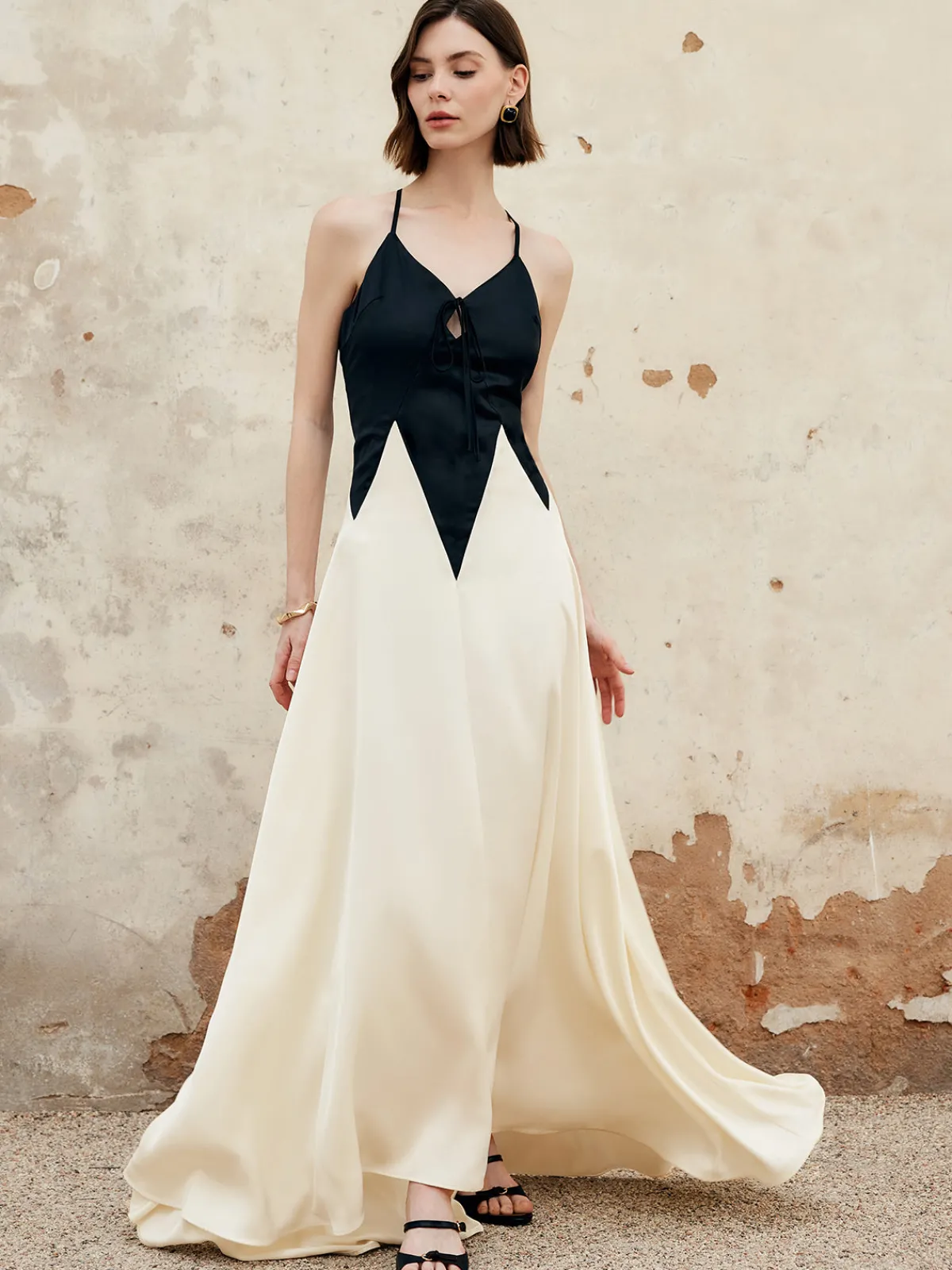 Clearance Color Block Pleated Cutout Cami Long Dress Cocktail & Party Dresses|Summer Dresses
