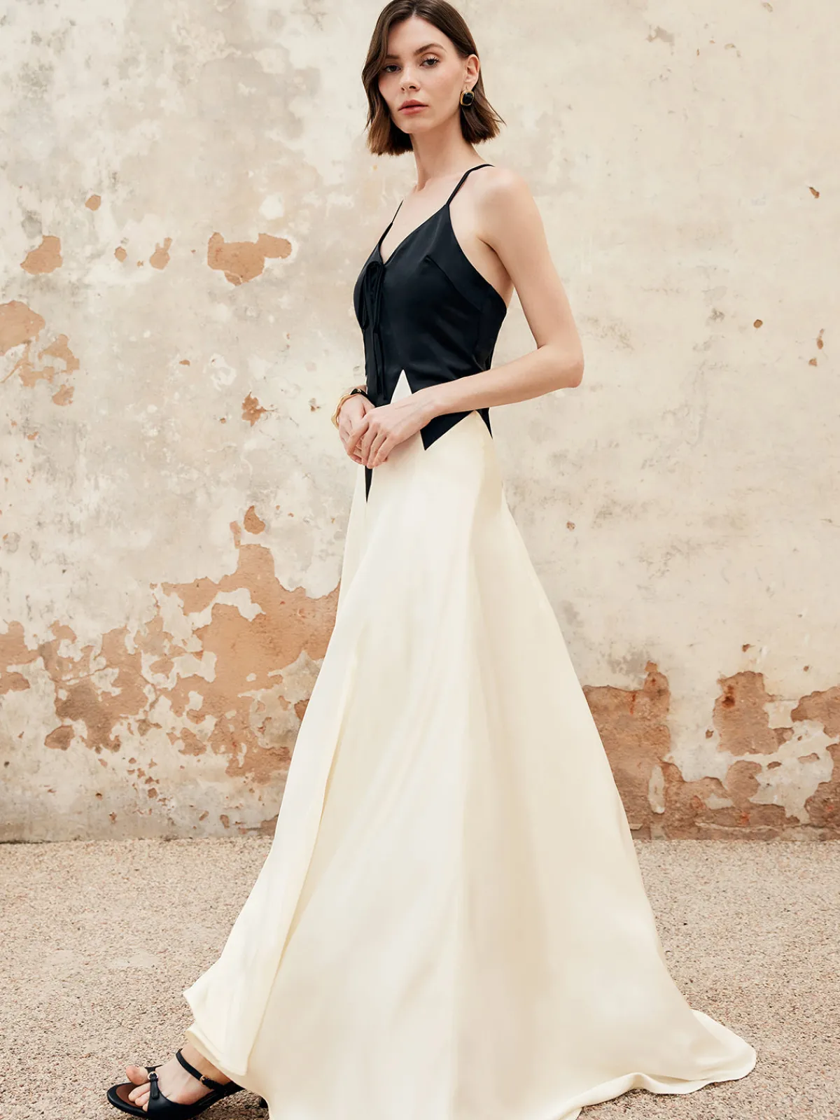 Clearance Color Block Pleated Cutout Cami Long Dress Cocktail & Party Dresses|Summer Dresses