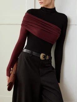New Color Block Pleated Jersey Slim Top T-shirts|Tops