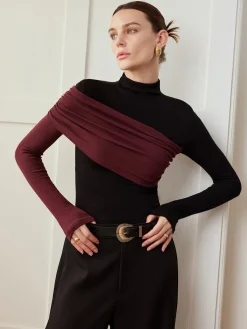 New Color Block Pleated Jersey Slim Top T-shirts|Tops