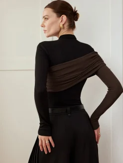 New Color Block Pleated Jersey Slim Top T-shirts|Tops
