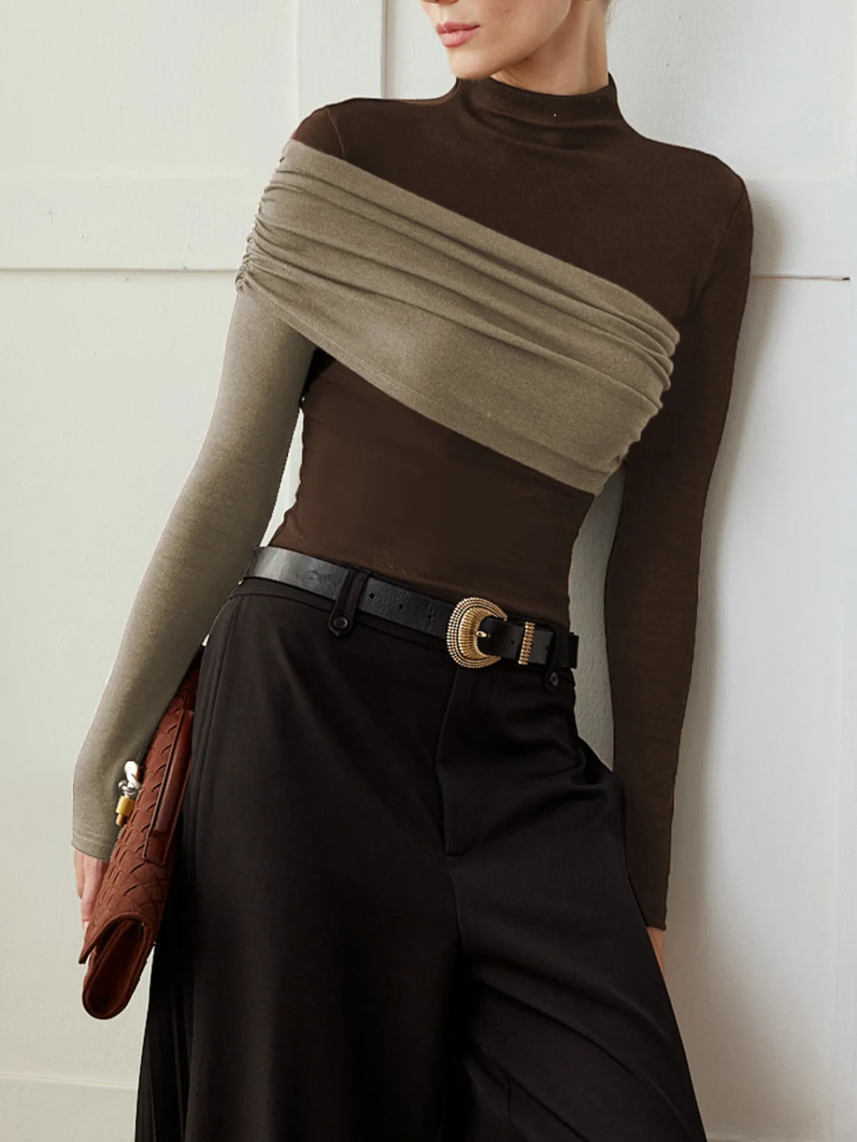 New Color Block Pleated Jersey Slim Top T-shirts|Tops