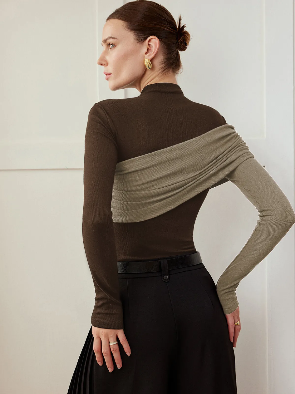 New Color Block Pleated Jersey Slim Top T-shirts|Tops