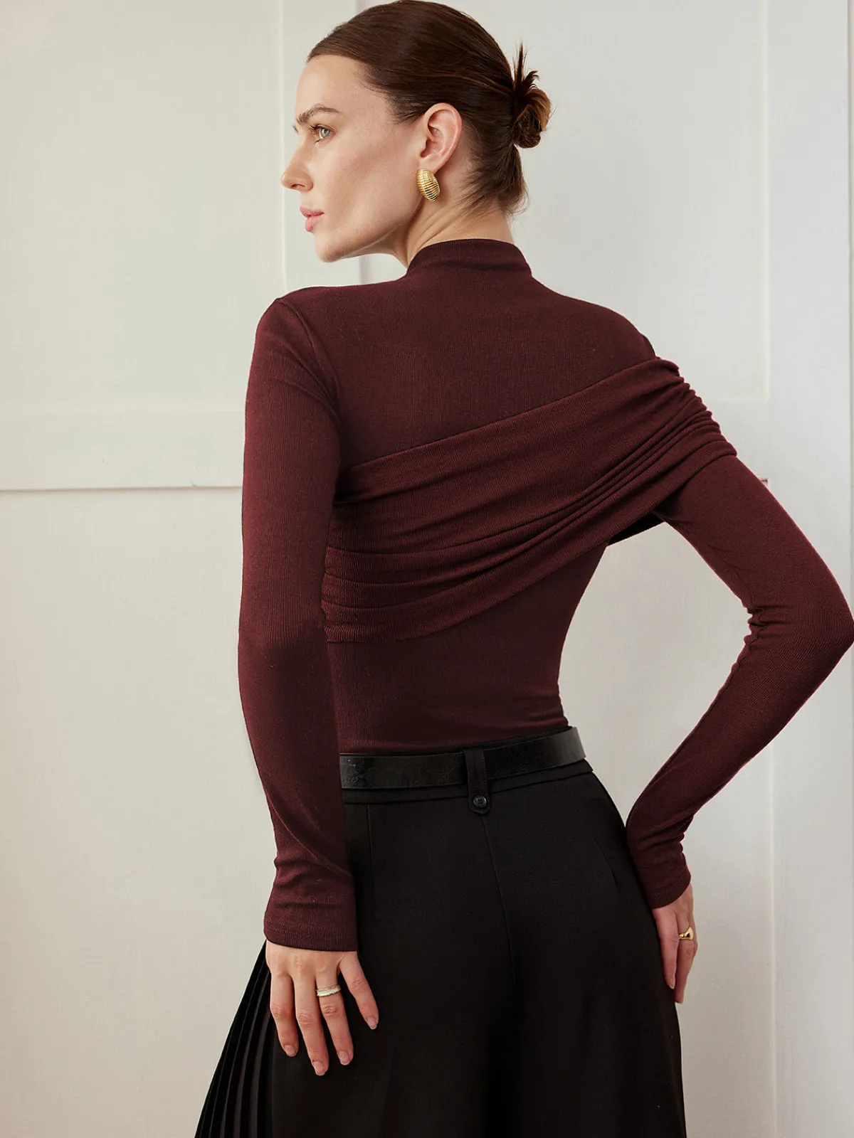 New Color Block Pleated Jersey Slim Top T-shirts|Tops