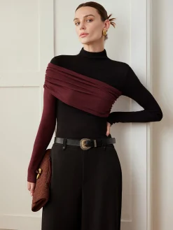 New Color Block Pleated Jersey Slim Top T-shirts|Tops