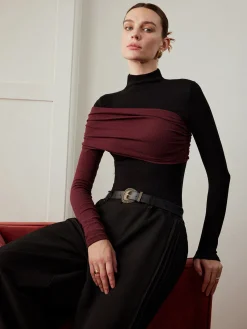 New Color Block Pleated Jersey Slim Top T-shirts|Tops
