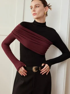 New Color Block Pleated Jersey Slim Top T-shirts|Tops