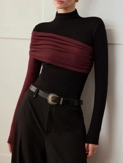 New Color Block Pleated Jersey Slim Top T-shirts|Tops