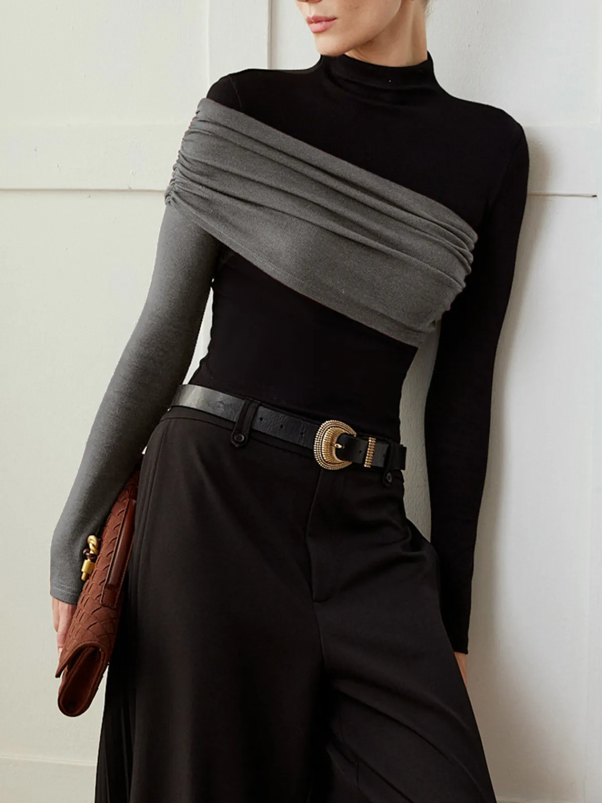 New Color Block Pleated Jersey Slim Top T-shirts|Tops
