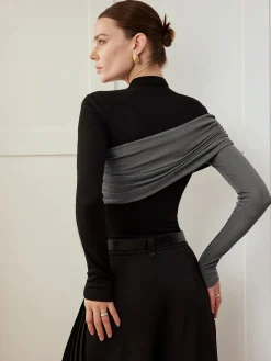 New Color Block Pleated Jersey Slim Top T-shirts|Tops