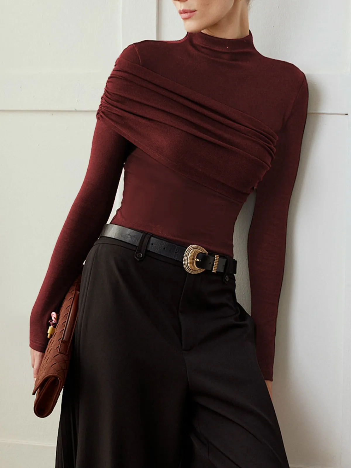 Clearance Color Block Pleated Jersey Slim Top T-shirts|Tops