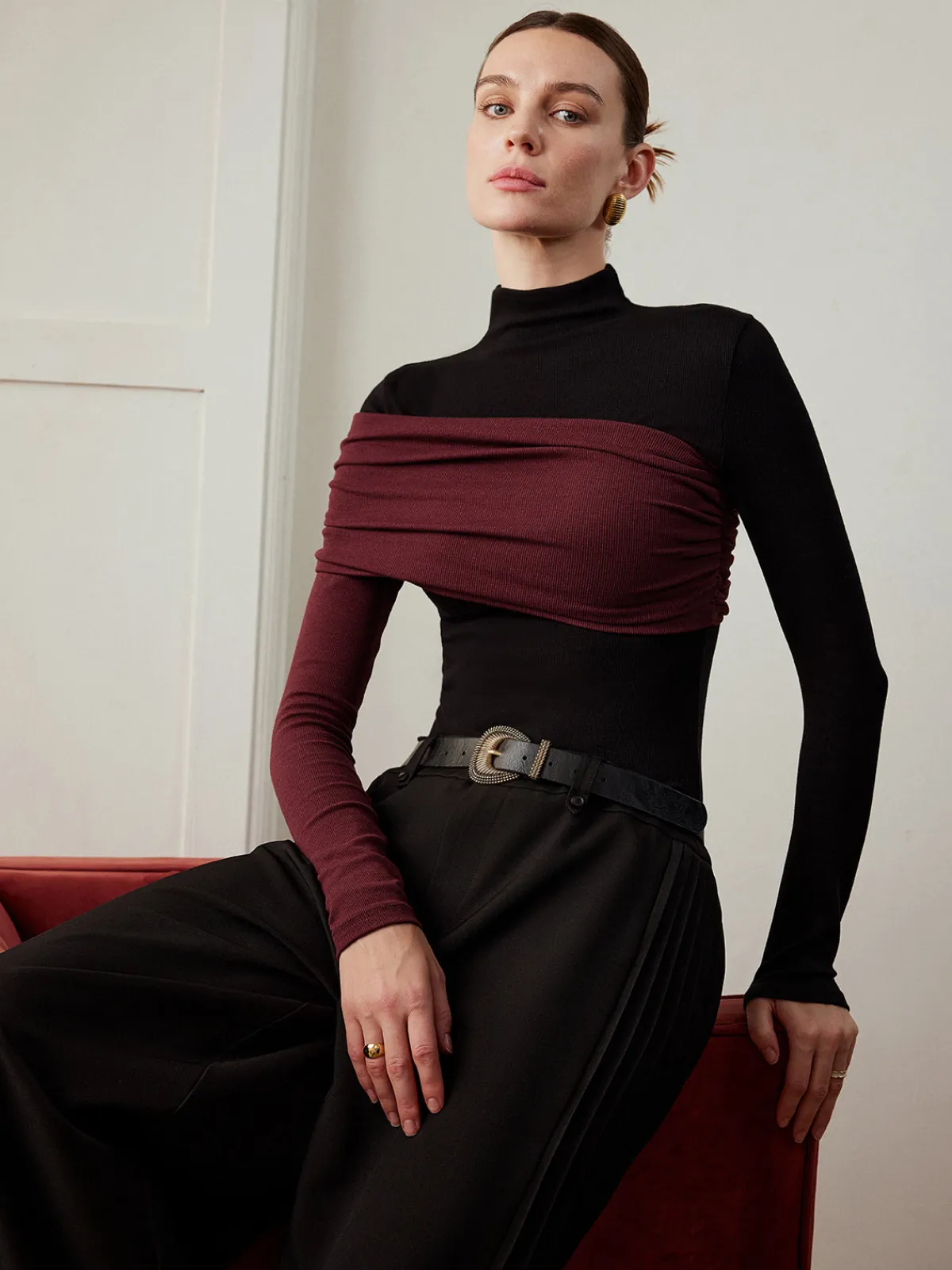 Clearance Color Block Pleated Jersey Slim Top T-shirts|Tops