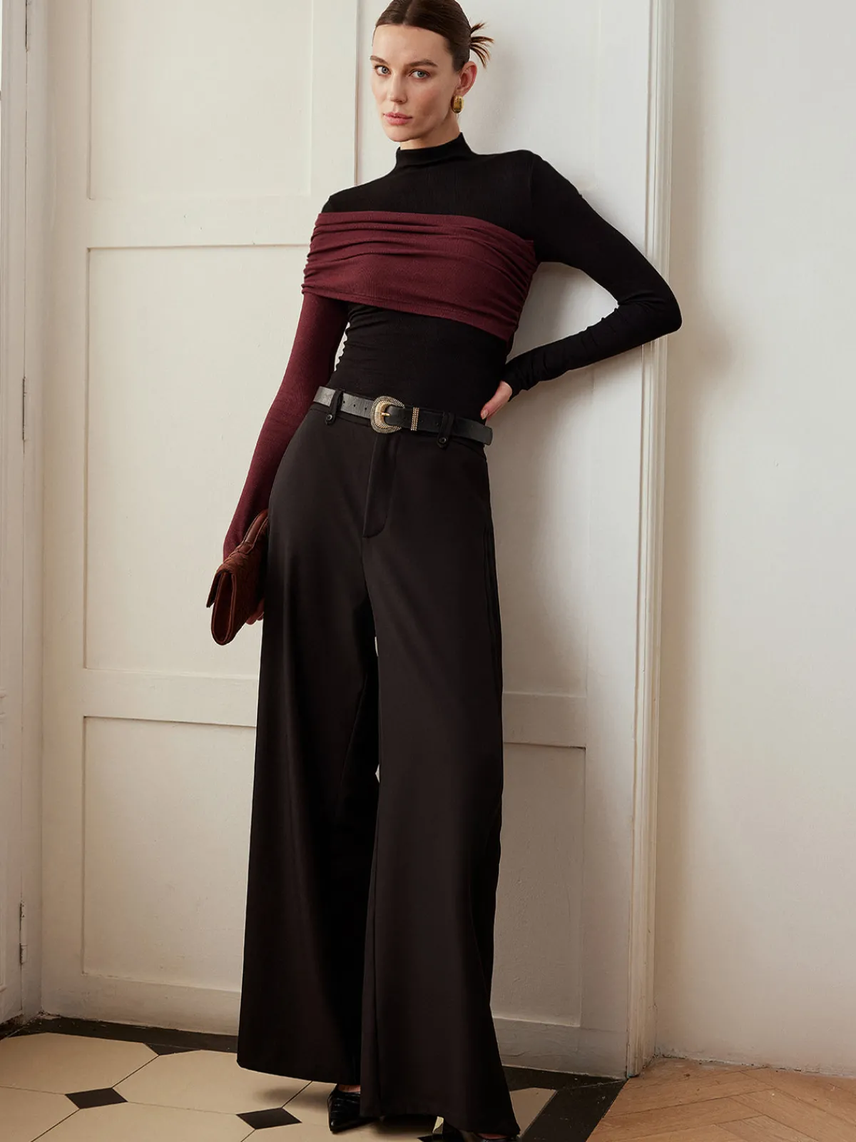 Clearance Color Block Pleated Jersey Slim Top T-shirts|Tops