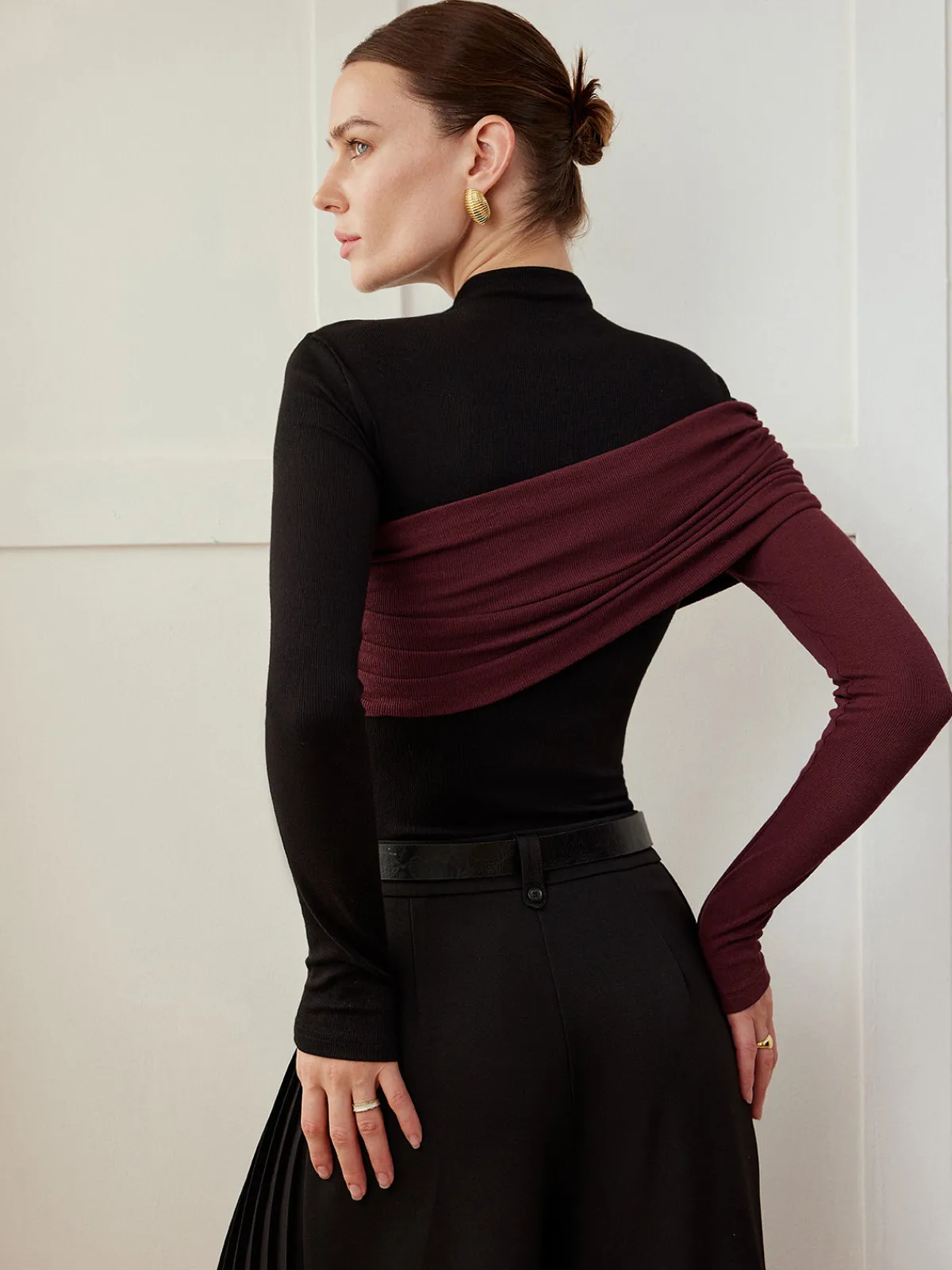 Clearance Color Block Pleated Jersey Slim Top T-shirts|Tops