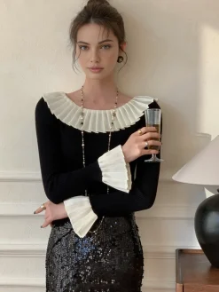 Best Color Block Pleated Knit Top Sweater Tops|Sweaters & Cardigans