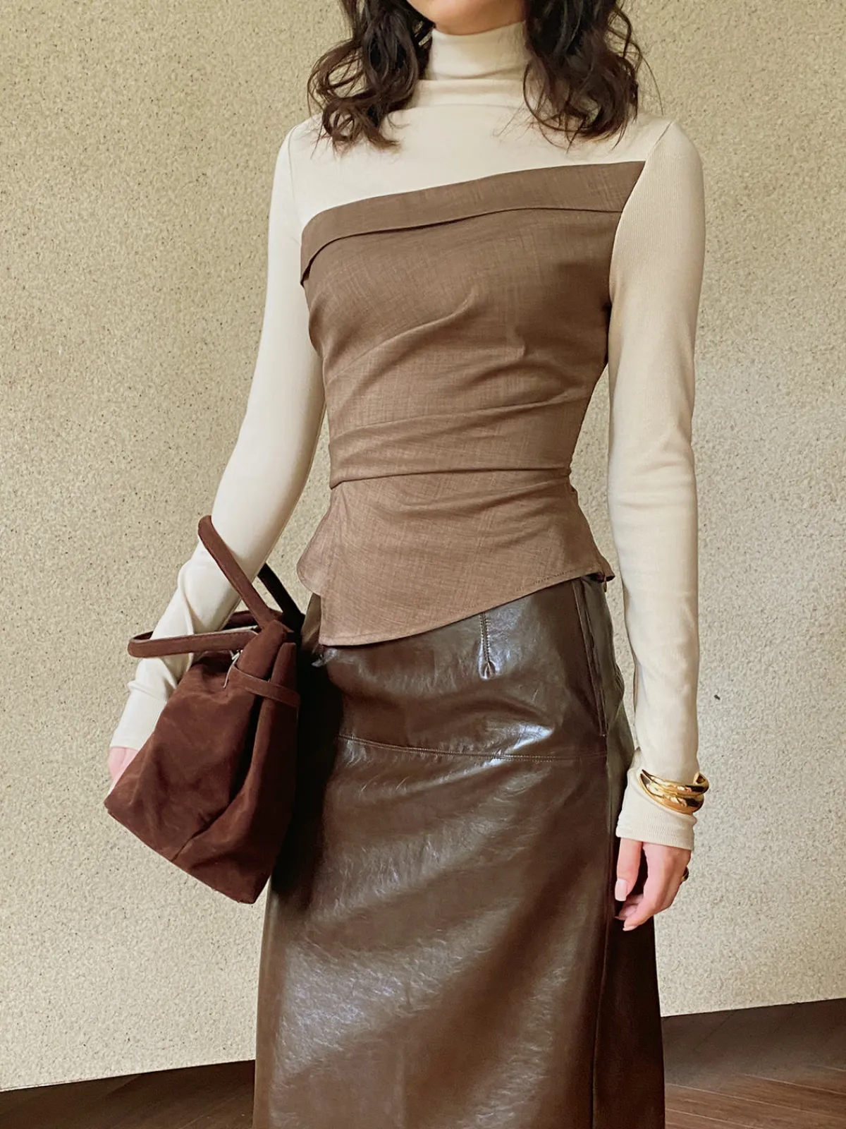 New Color Block Pleated Panel Shirt Blouses & Shirts|Tops