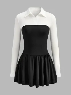 Discount Color Block Pleated Panel Polo Dress Dresses