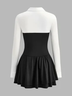 Discount Color Block Pleated Panel Polo Dress Dresses