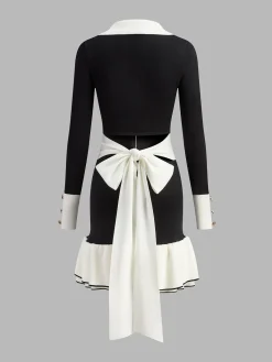 Online Color Block Ruffle Bow Knit Dress Black Dresses|Sweater Dresses