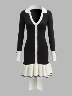 Online Color Block Ruffle Bow Knit Dress Black Dresses|Sweater Dresses