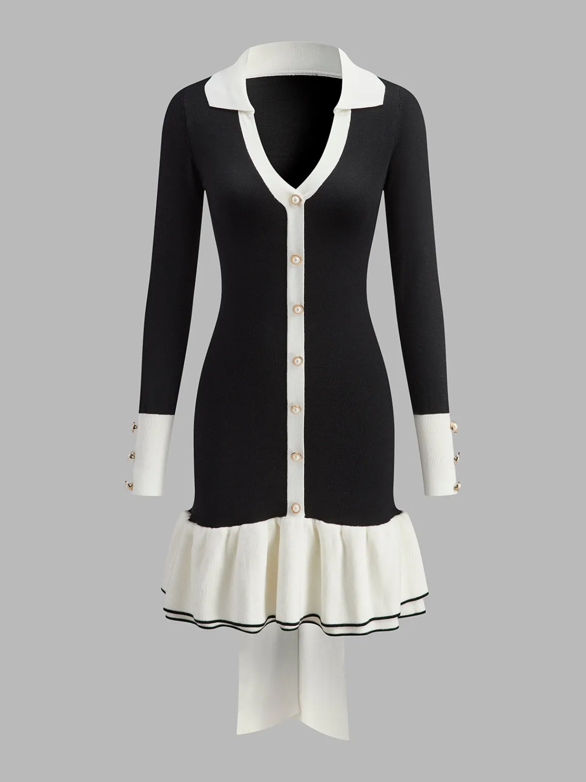 Online Color Block Ruffle Bow Knit Dress Black Dresses|Sweater Dresses