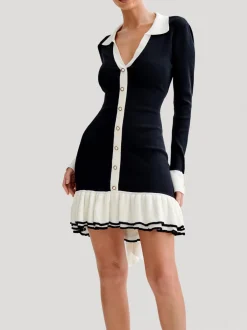 Online Color Block Ruffle Bow Knit Dress Black Dresses|Sweater Dresses