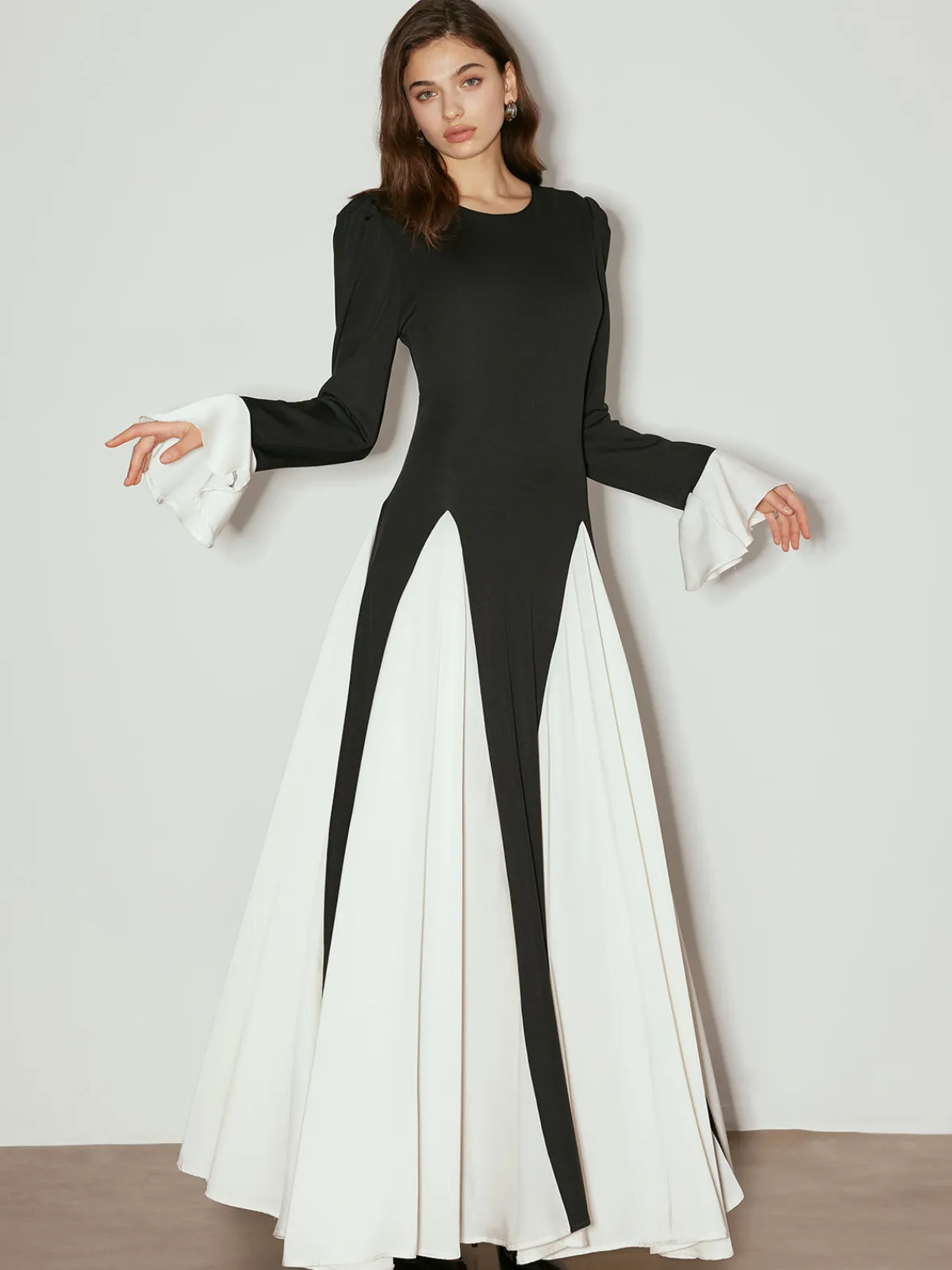 Outlet Color Block Ruffle Long Dress Black Dresses|Casual Dresses