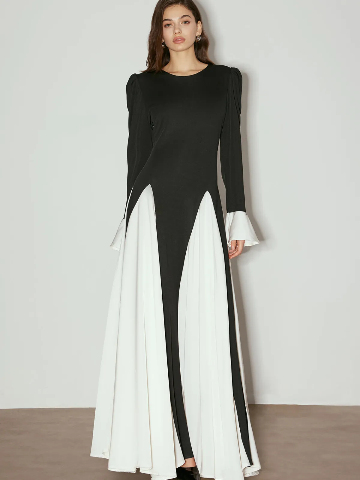 Outlet Color Block Ruffle Long Dress Black Dresses|Casual Dresses