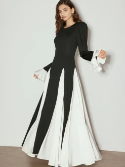 Outlet Color Block Ruffle Long Dress Black Dresses|Casual Dresses