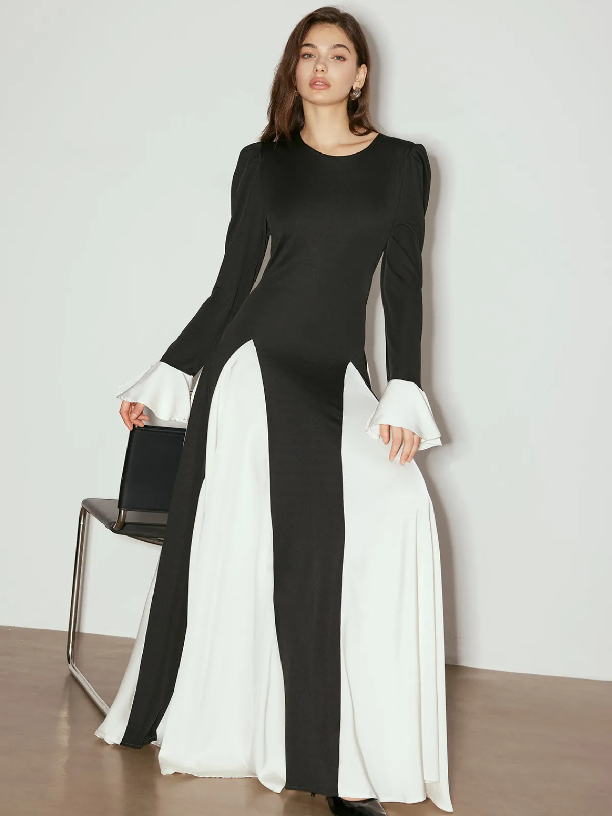 Outlet Color Block Ruffle Long Dress Black Dresses|Casual Dresses
