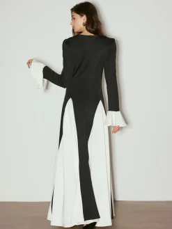 Outlet Color Block Ruffle Long Dress Black Dresses|Casual Dresses